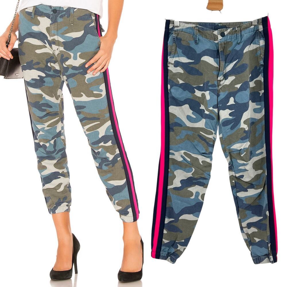 MOTHER No Zip Misfit Pants Army Blue Camo Print Pink Stripe Size 26